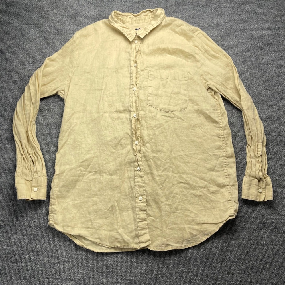 Gap Boyfriend Shirt Mens Medium Yellow 100% Linen Long Sleeve Button Down Pocket - Picture 1 of 6